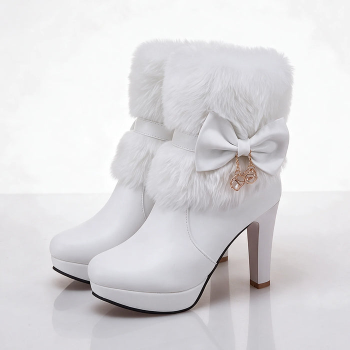 White Women's Winter Ankle Boots with Platform Heel, Plush Collar & Bow Charm - Front Full Studio