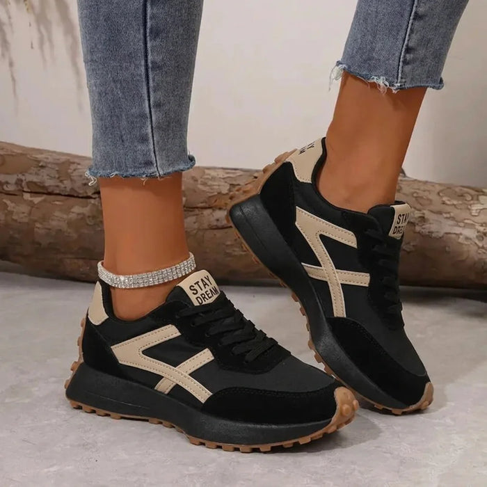Black Women's Comfort Sneakers with Suede Panels & Lace-Up Design - Front Full