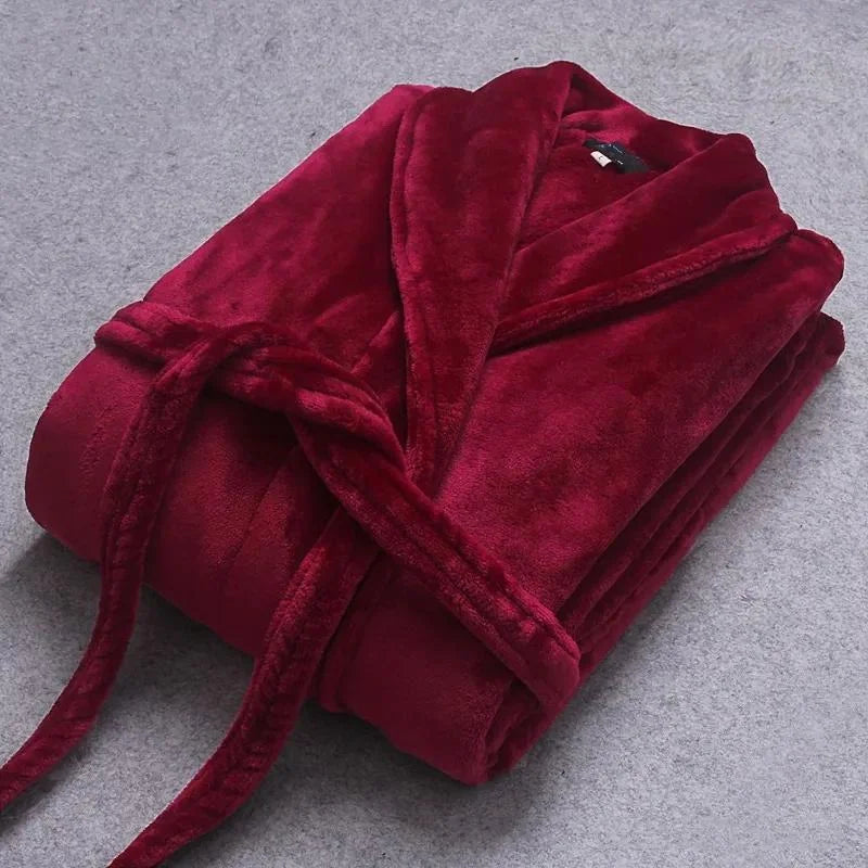Burgundy Red Women's Coral Fleece Bathrobe with Belted Waist & Side Pockets - Folded Flat Lay