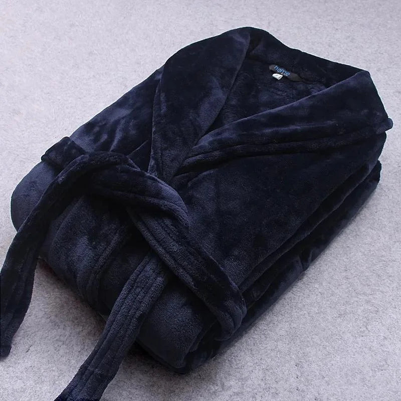 Navy Blue Women's Coral Fleece Bathrobe with Belted Waist & Side Pockets - Folded Flat Lay