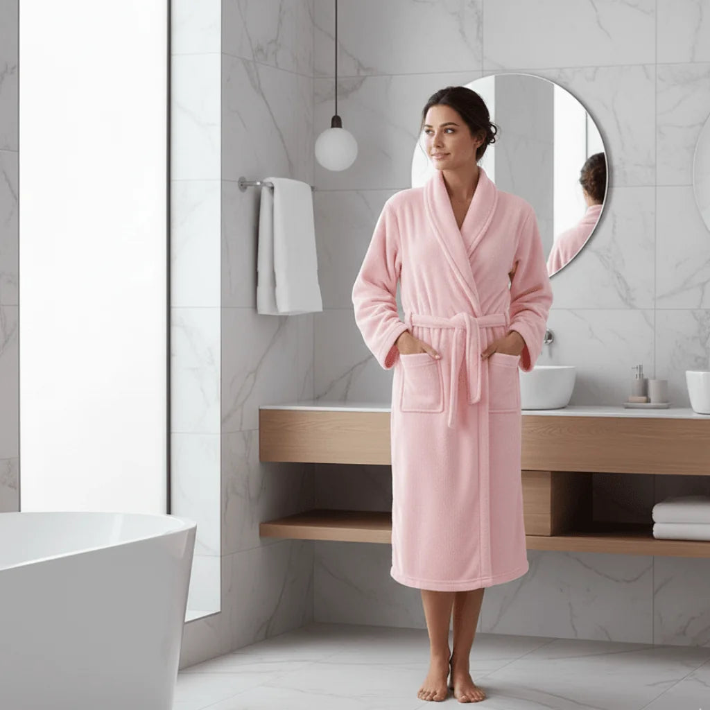 Pink Women's Coral Fleece Bathrobe with Belted Waist & Side Pockets - Woman Standing Bathroom