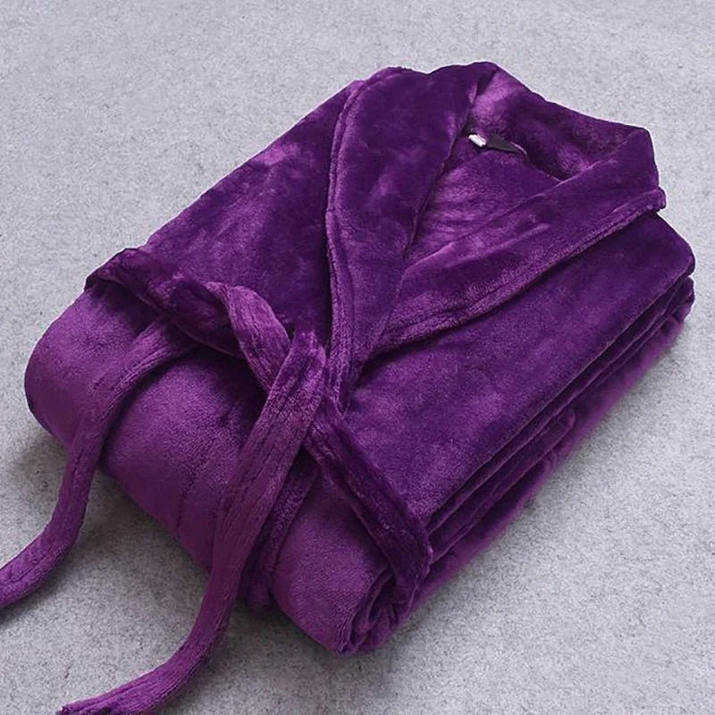 Purple Women's Coral Fleece Bathrobe with Belted Waist & Side Pockets