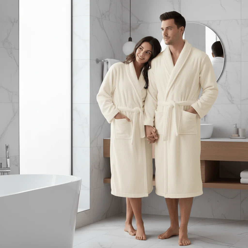 Women's Coral Fleece Bathrobe with Belted Waist & Side Pockets - Couple Wearing