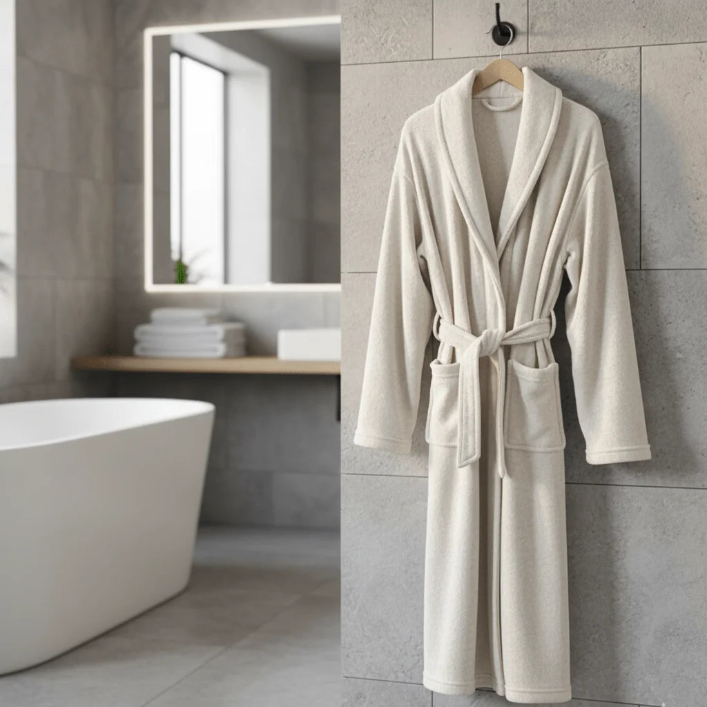 White Women's Coral Fleece Bathrobe with Belted Waist & Side Pockets - Front Hanging Display