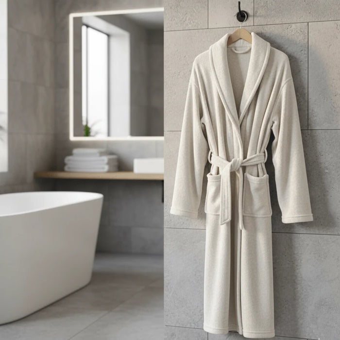 White Women's Coral Fleece Bathrobe with Belted Waist & Side Pockets - Front Hanging Display