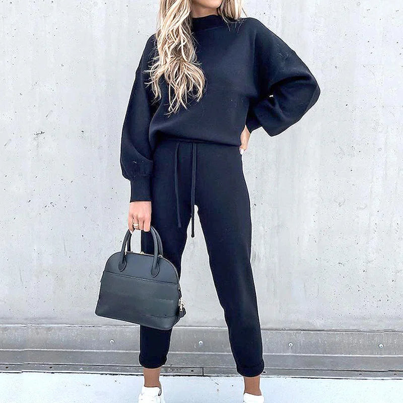 Black Women's Lounge Set with Mock Neck Sweater & Drawstring Jogger Pants - Standing Full Front
