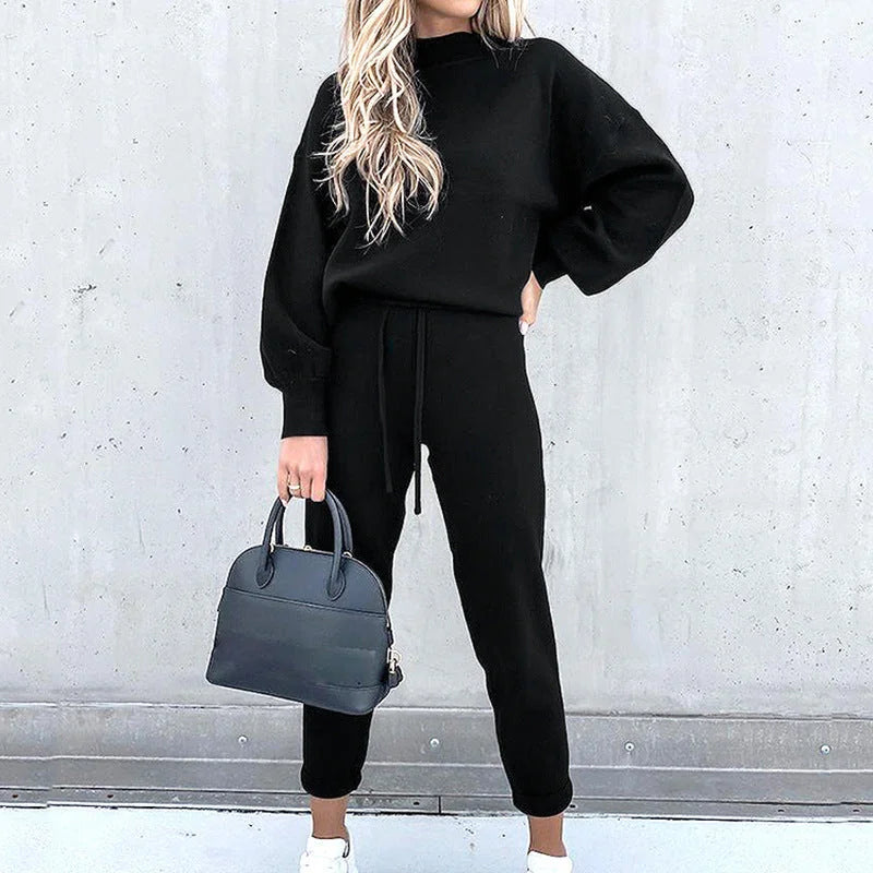 Black Women's Lounge Set with Mock Neck Sweater & Drawstring Jogger Pants