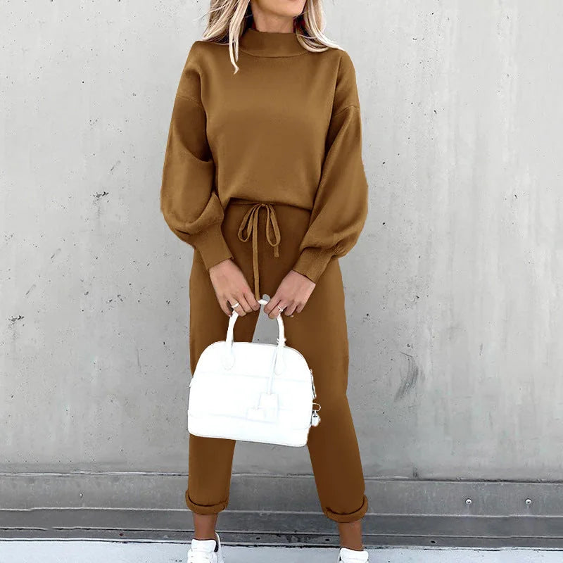 Brown Women's Lounge Set with Mock Neck Sweater & Drawstring Jogger Pants