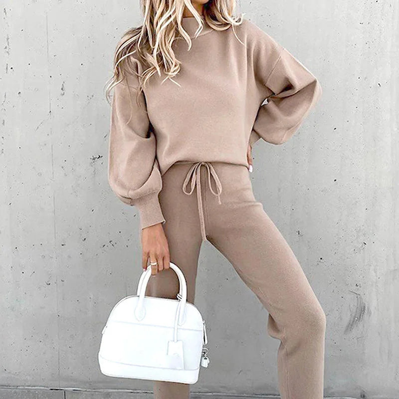 Dusty Rose Women's Lounge Set with Mock Neck Sweater & Drawstring Jogger Pants - Pink Side Pose Detail