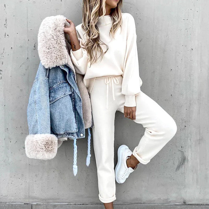 White Women's Lounge Set with Mock Neck Sweater & Drawstring Jogger Pants - Front Full With Jacket