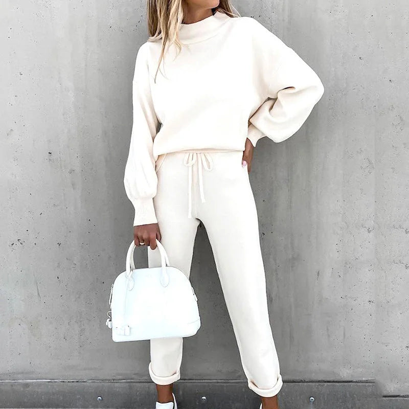 White Women's Lounge Set with Mock Neck Sweater & Drawstring Jogger Pants