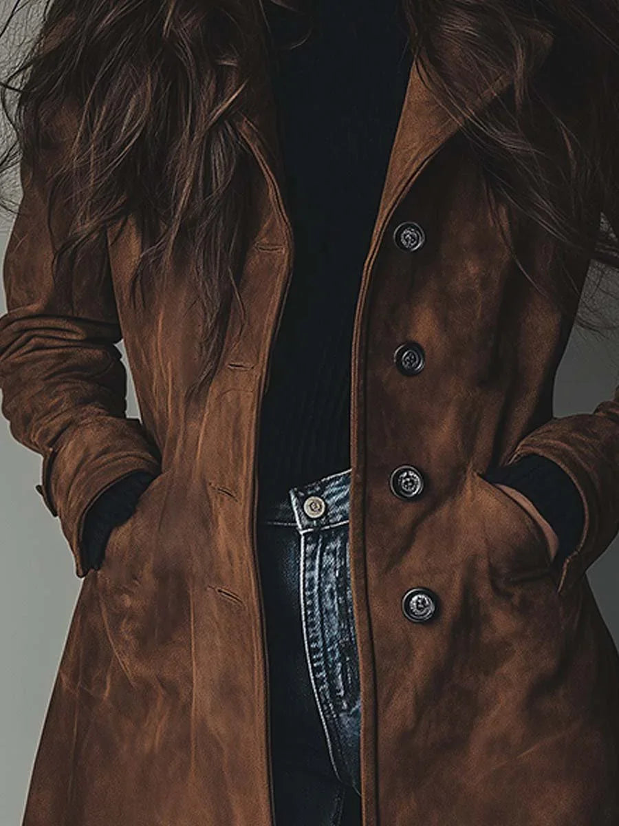 Women's Suede Trench Coat with Button Front & Side Pockets - Button Front Detail