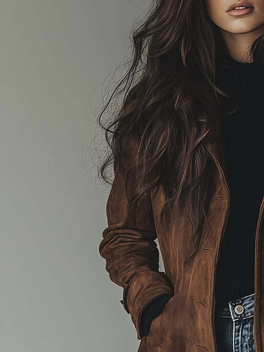 Women's Suede Trench Coat with Button Front & Side Pockets - Close Up Torso