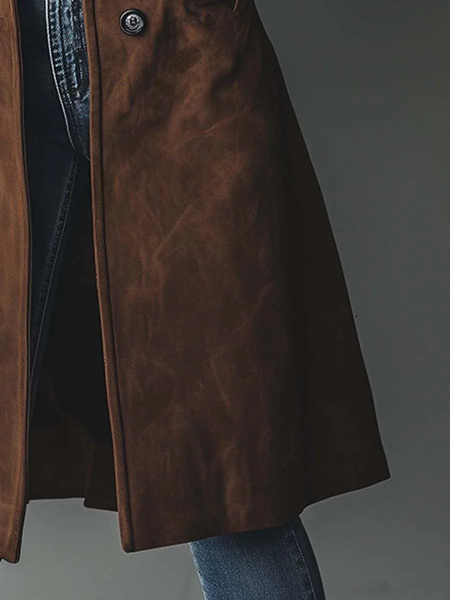 Women's Suede Trench Coat with Button Front & Side Pockets - Hem Side Detail