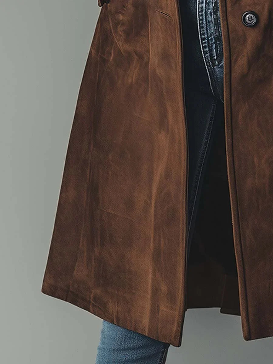 Women's Suede Trench Coat with Button Front & Side Pockets - Pocket Hem Detail