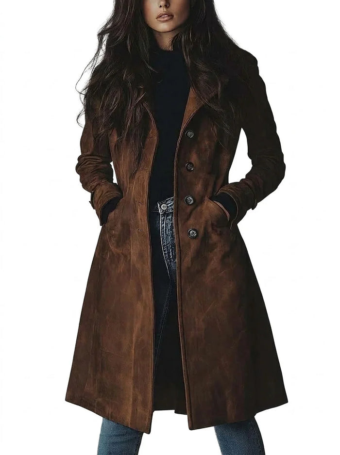 Brown Women's Suede Trench Coat with Button Front & Side Pockets