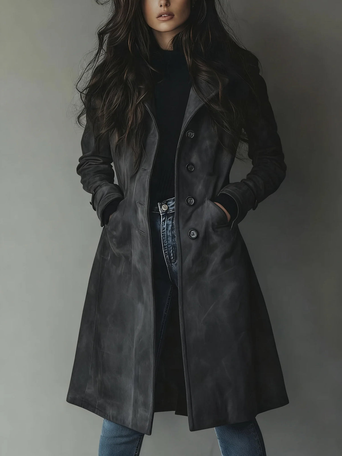 Dark Grey Women's Suede Trench Coat with Button Front & Side Pockets