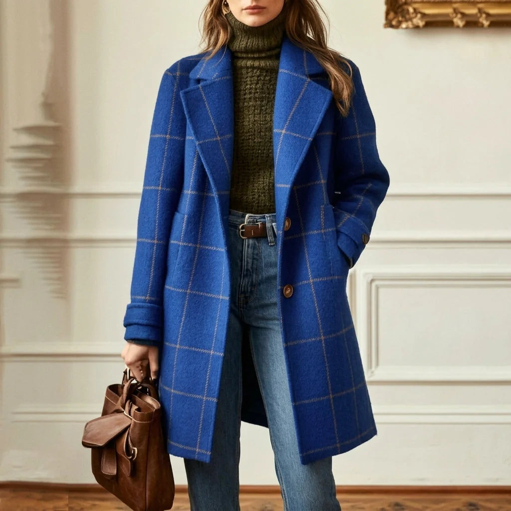 Blue Women's Wool Blend Coat with Notched Lapel & Button-Front Closure
