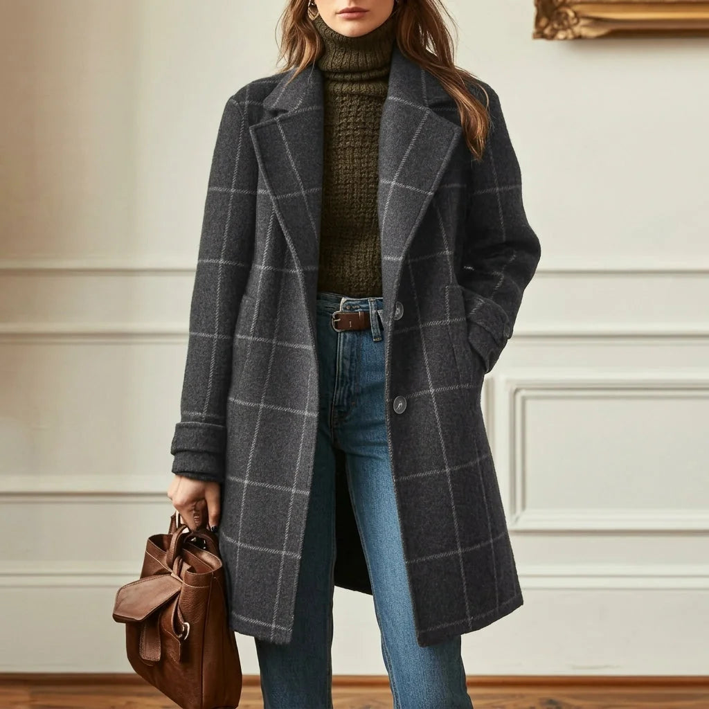 Dark Gray Women's Wool Blend Coat with Notched Lapel & Button-Front Closure