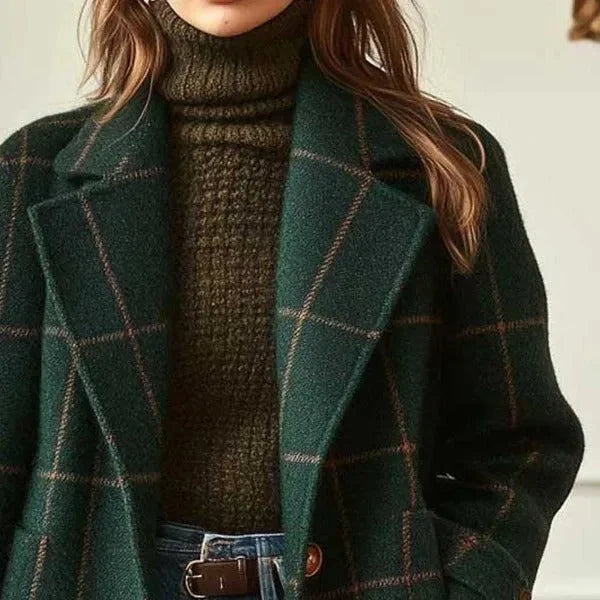 Women's Wool Blend Coat with Notched Lapel & Button-Front Closure - Close Up Collar Detail