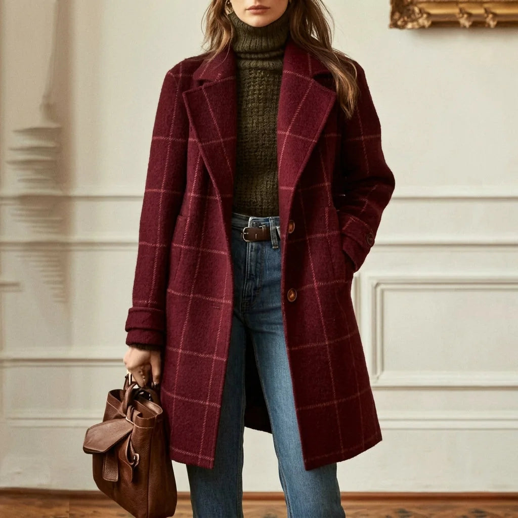 Wine Red Women's Wool Blend Coat with Notched Lapel & Button-Front Closure