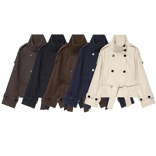 Women's Wool Cape Coat with Double-Breasted Button Front & Belted Waist - Group Flatlay All Colors