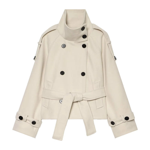 Beige Women's Wool Cape Coat with Double-Breasted Button Front & Belted Waist