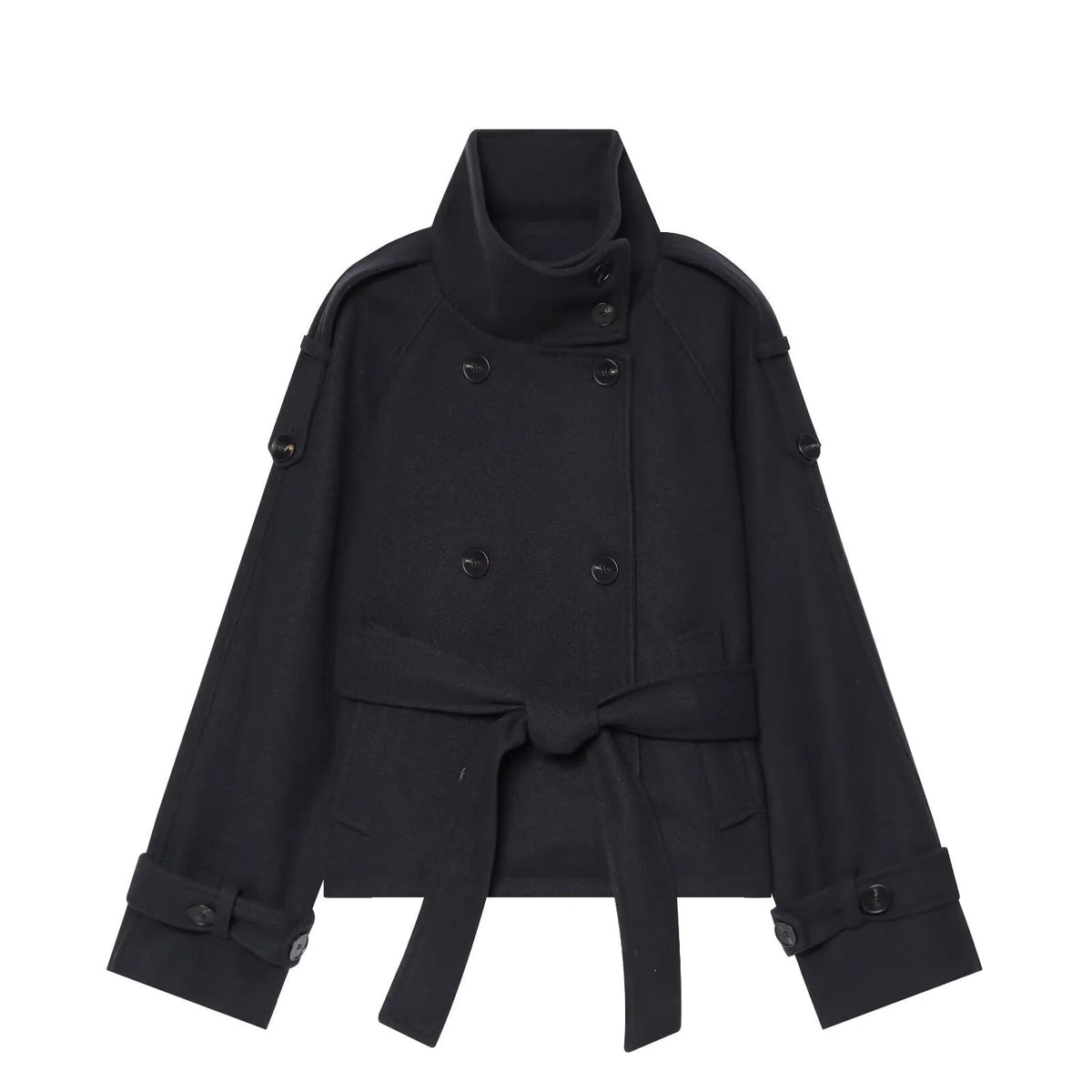 Black Women's Wool Cape Coat with Double-Breasted Button Front & Belted Waist