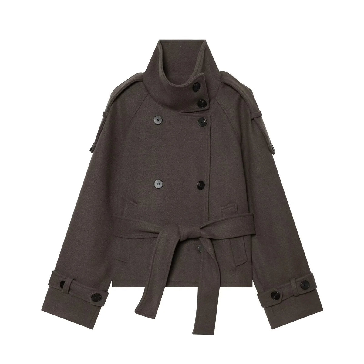 Chestnut Brown Women's Wool Cape Coat with Double-Breasted Button Front & Belted Waist