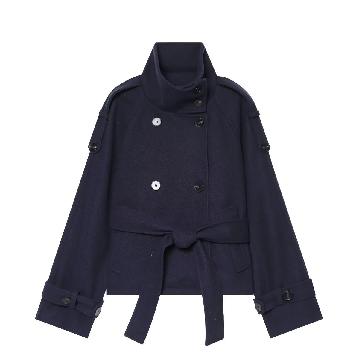 Dark Blue Women's Wool Cape Coat with Double-Breasted Button Front & Belted Waist - Front Flat Lay Buttons