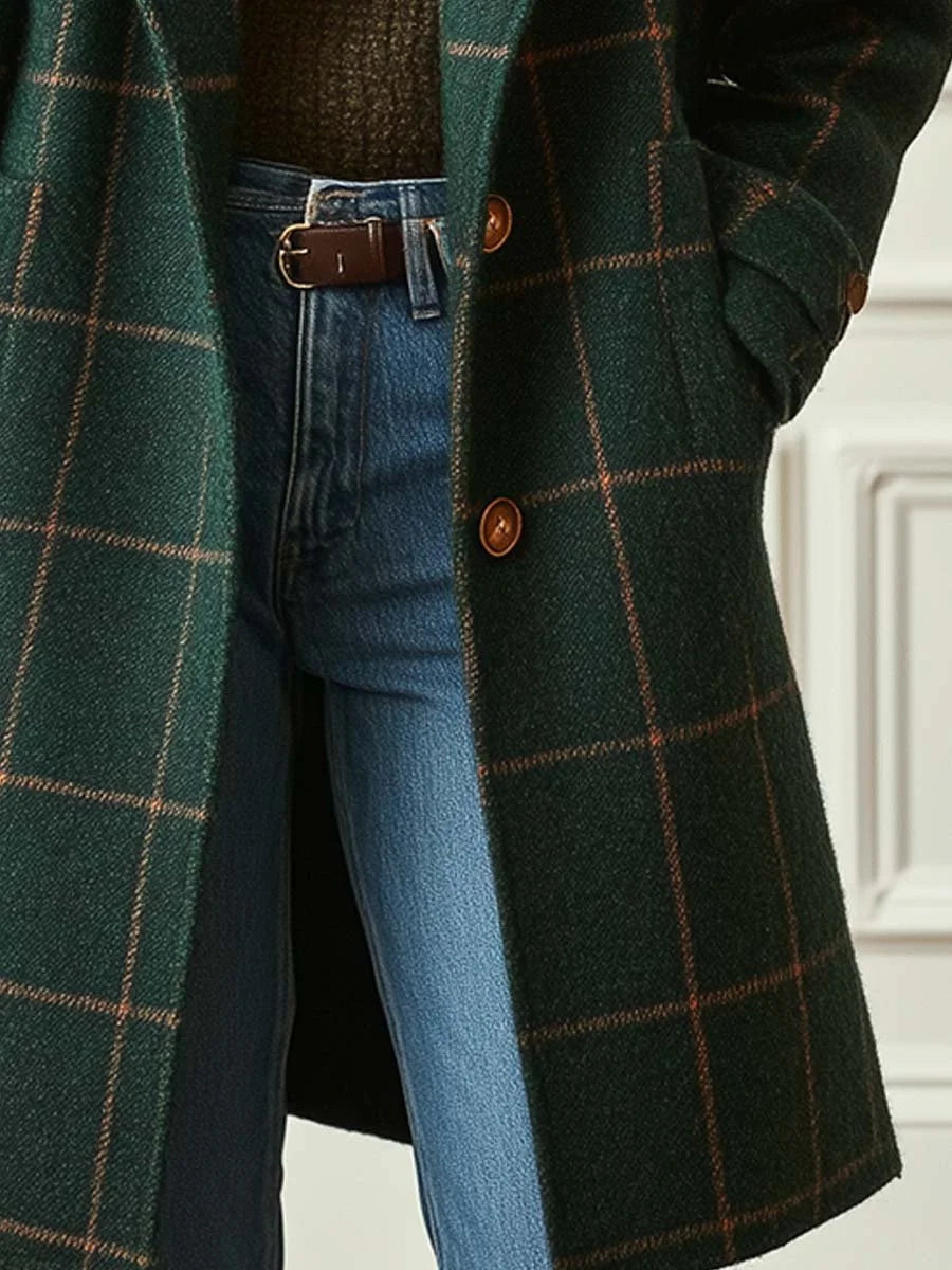 Women's Wool Check Coat with Button-Front Design & Long Sleeves - Button Detail