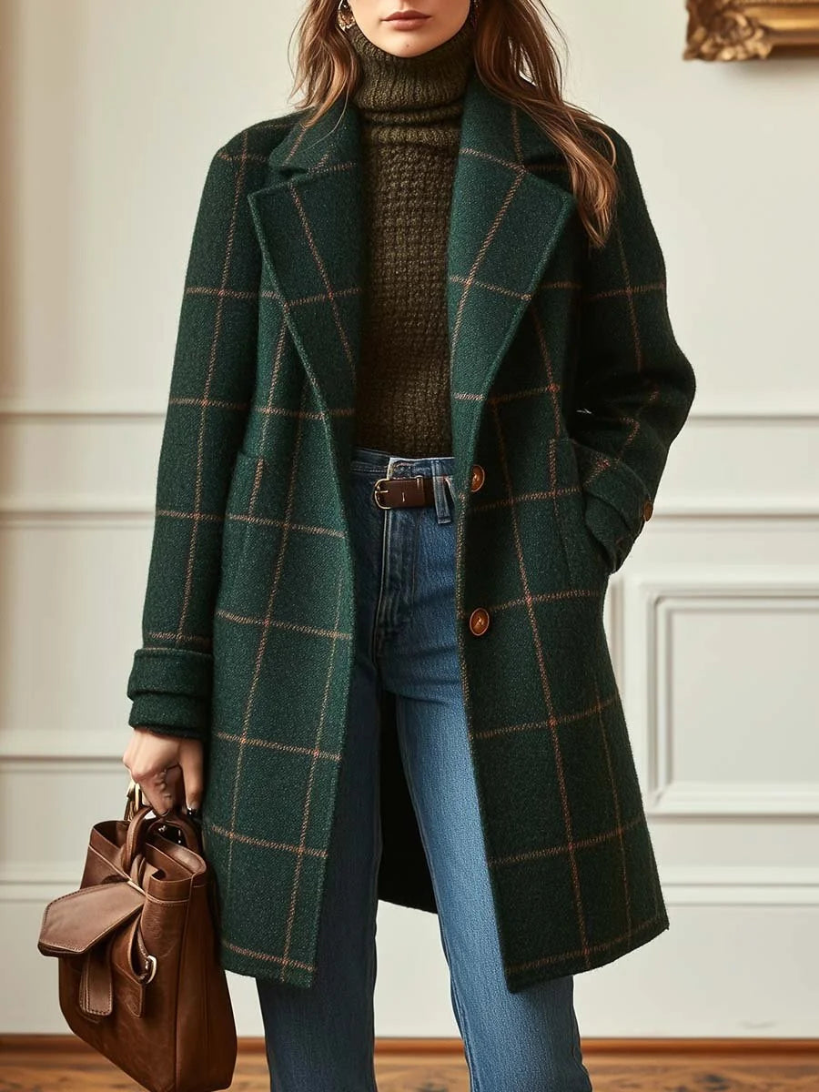 Dark Green Women's Wool Check Coat with Button-Front Design & Long Sleeves - Front Full