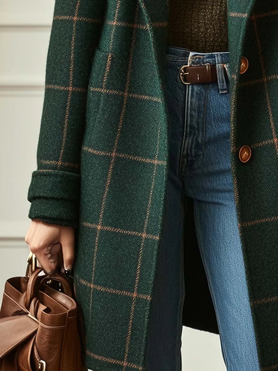 Women's Wool Check Coat with Button-Front Design & Long Sleeves - Hem Detail