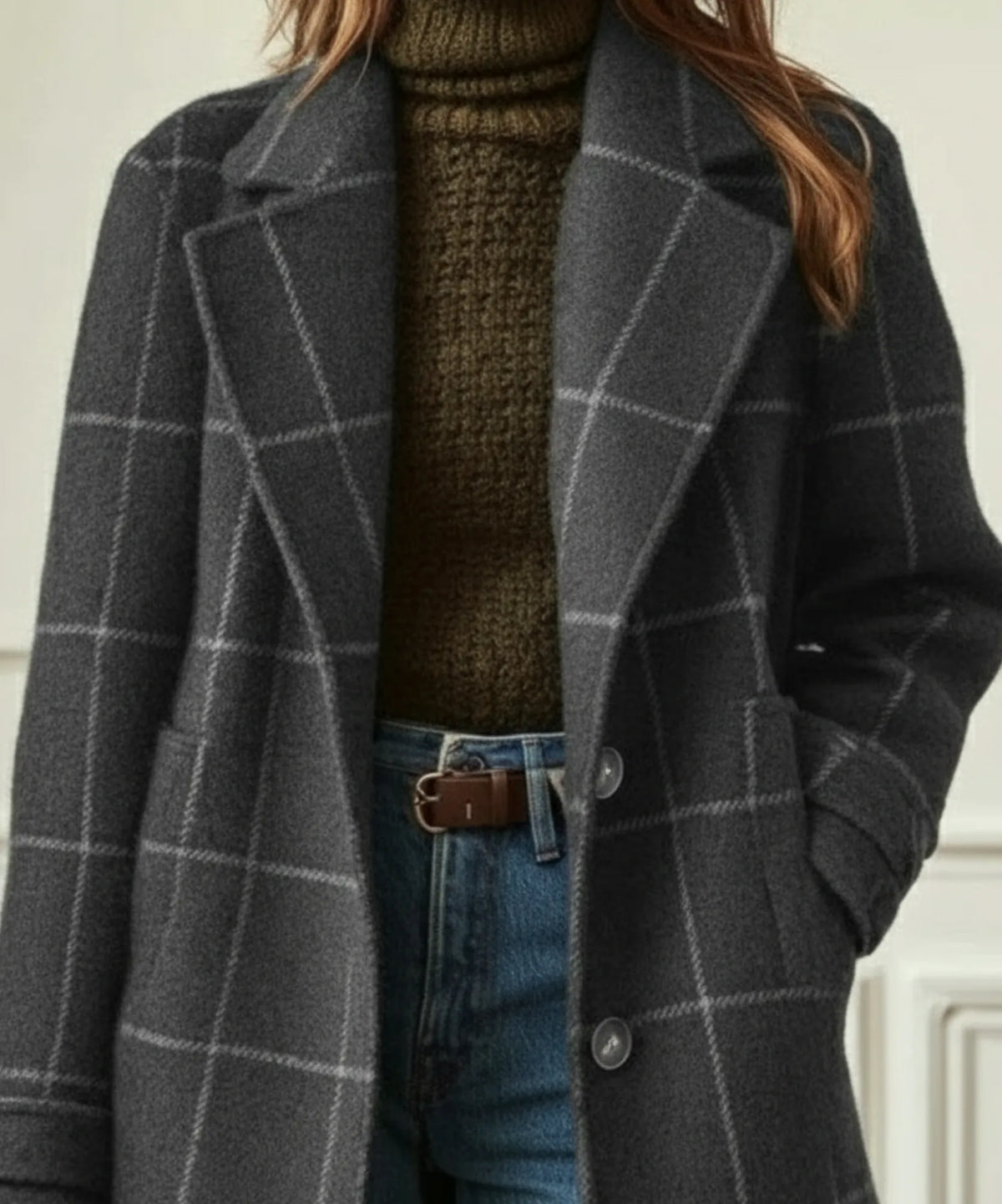 Women's Wool Check Coat with Button-Front Design & Long Sleeves - Close Up Lapel