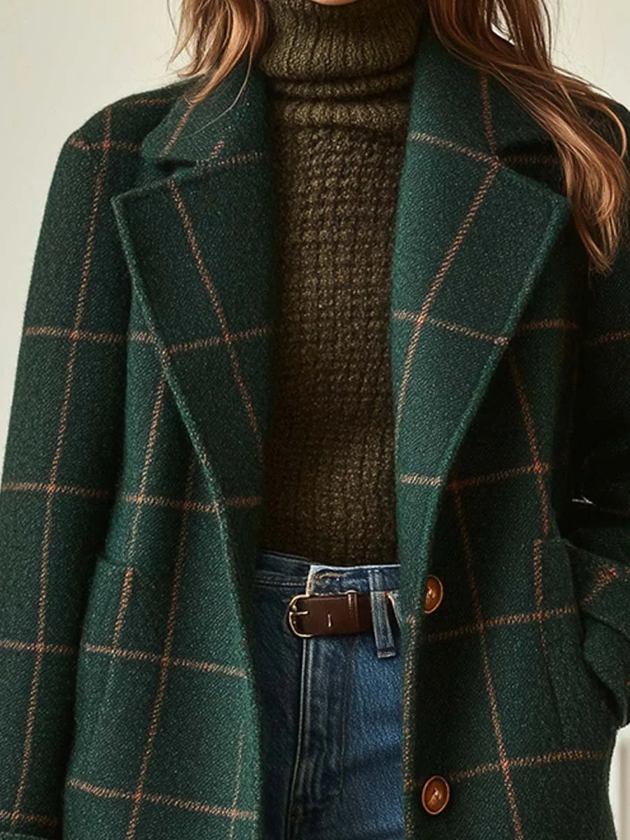 Women's Plaid Wool Coat with Notched Lapel & Button Front - Chest Detail