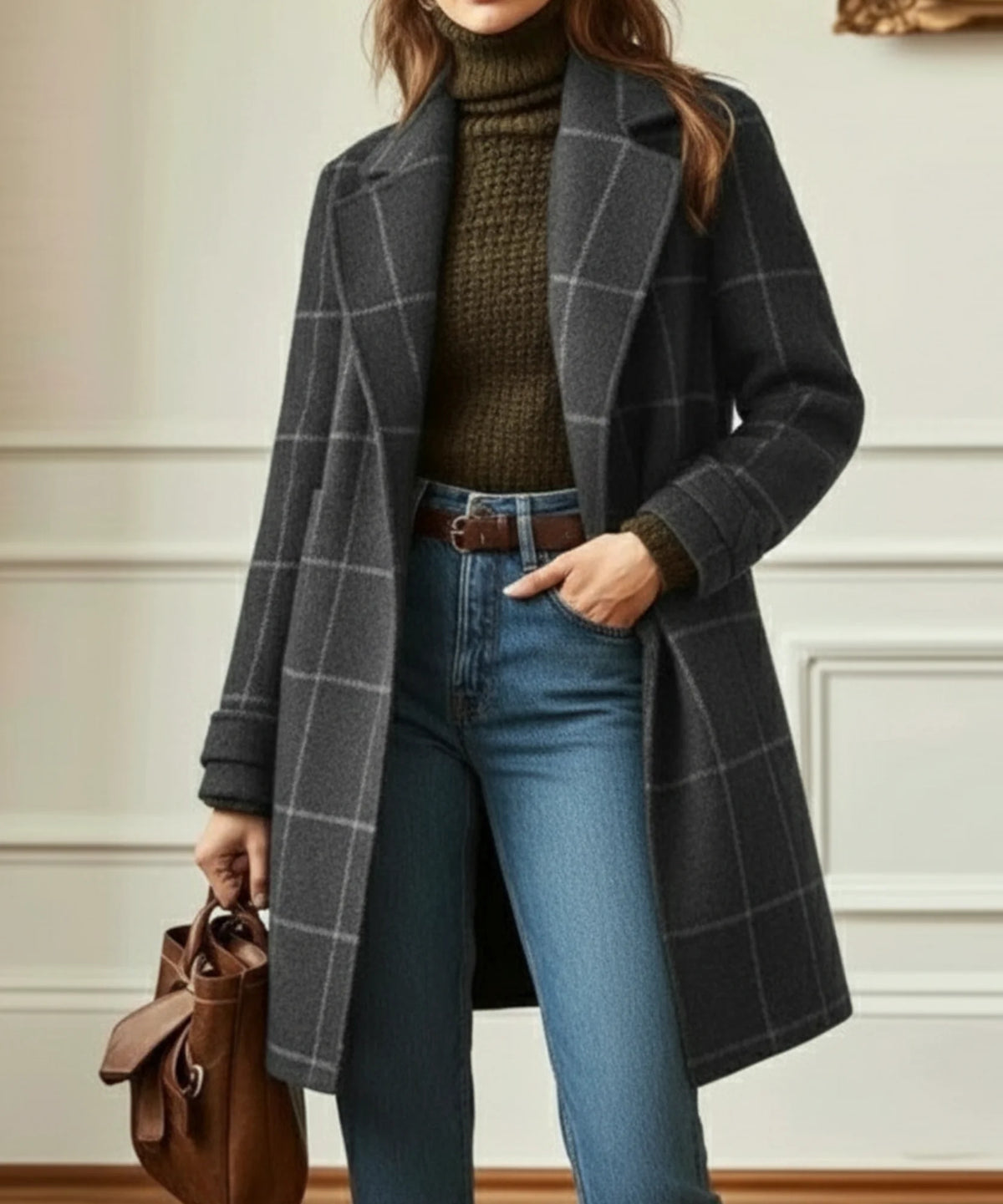 Grey Women's Plaid Wool Coat with Notched Lapel & Button Front - Front Full Standing
