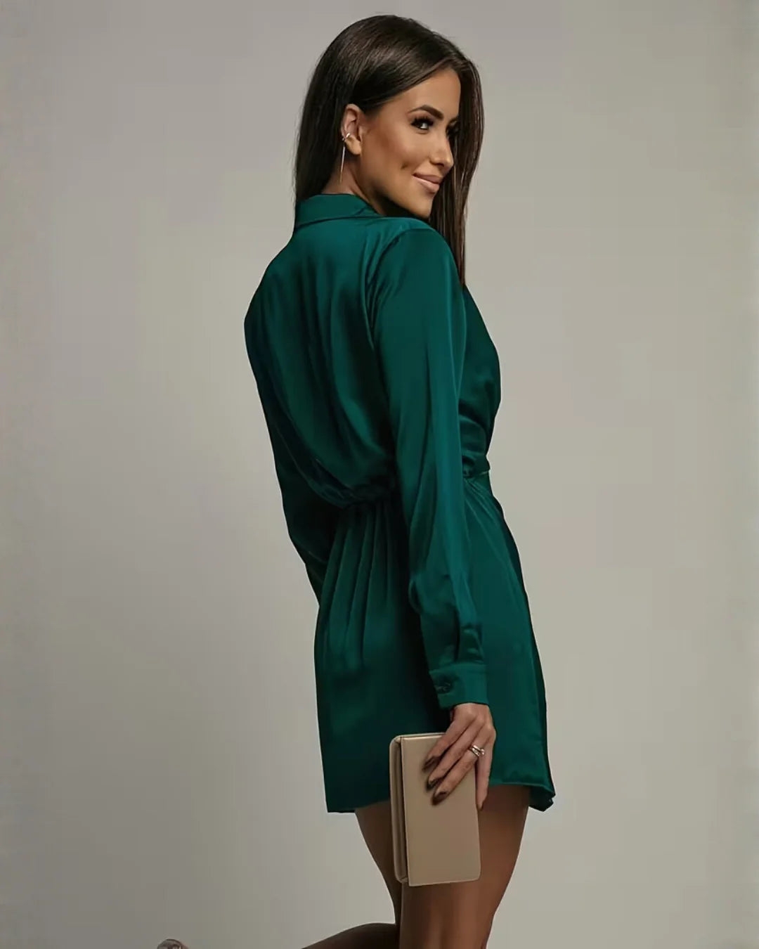 Women's Wrap Mini Dress with Satin Finish & Collared Neckline - Green Back Pose