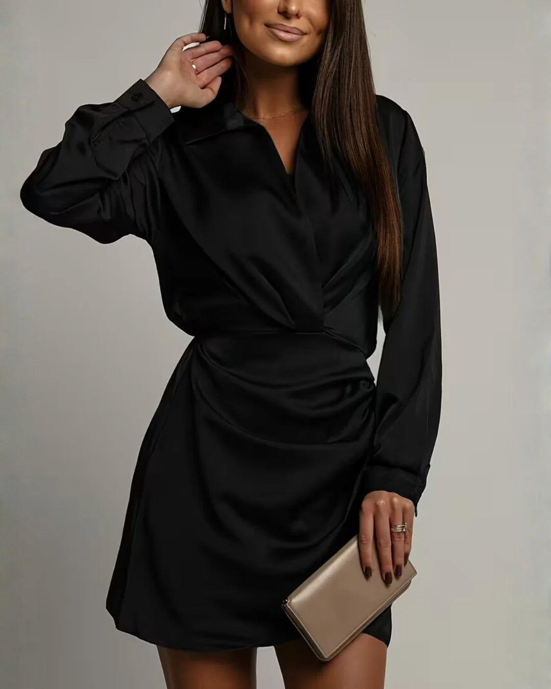 Women's Wrap Mini Dress with Satin Finish & Collared Neckline
