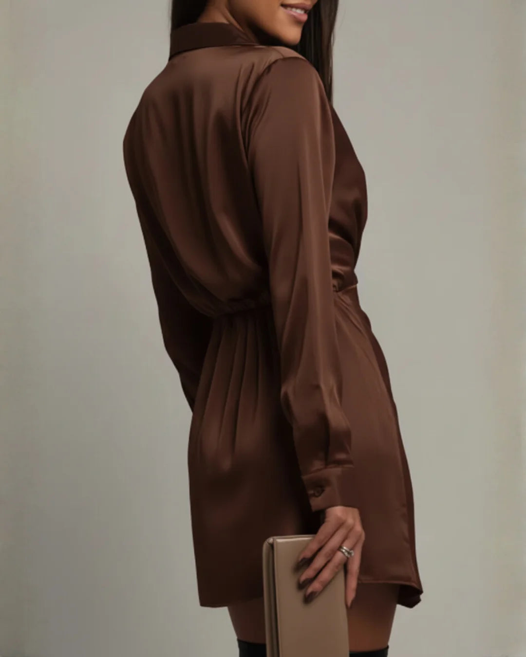 Women's Wrap Mini Dress with Satin Finish & Collared Neckline - Back Detail