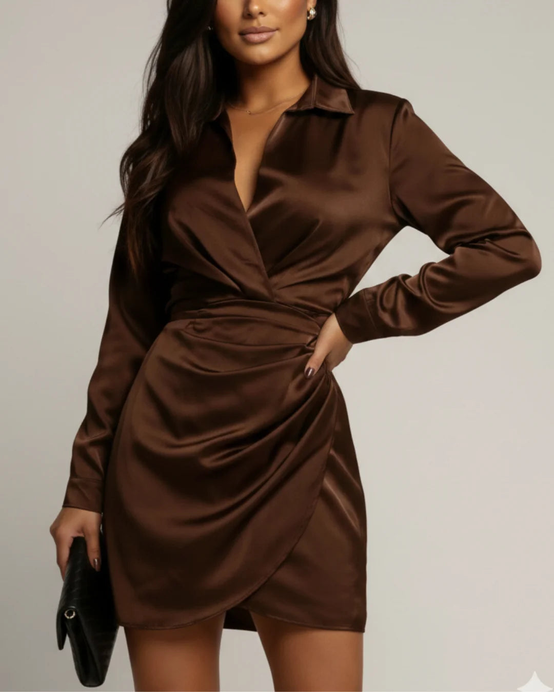 Women's Wrap Mini Dress with Satin Finish & Collared Neckline