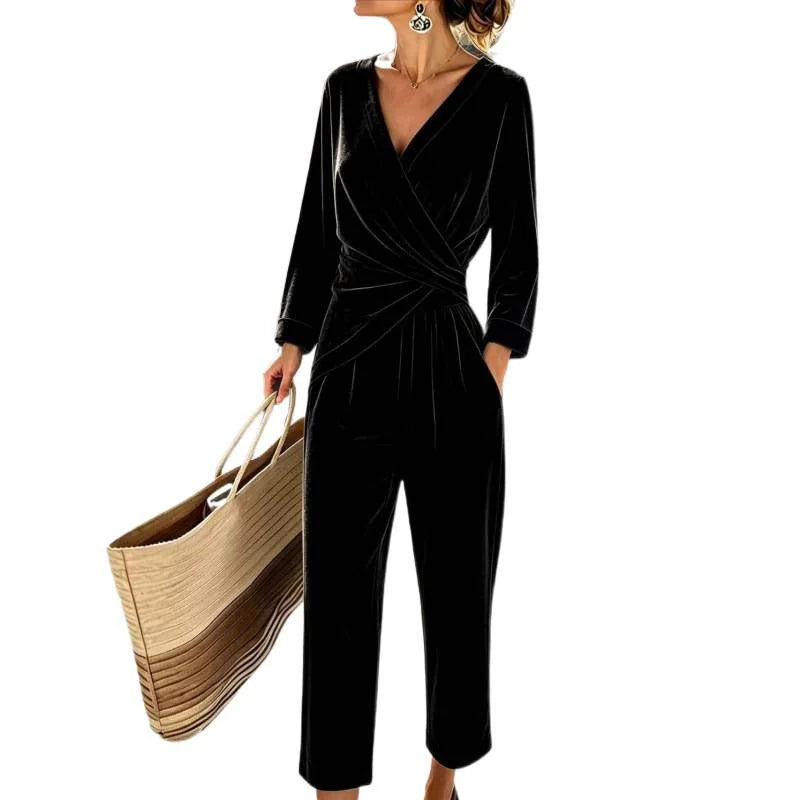 Black Women's Velvet Jumpsuit with Wrap Top & Tailored Draping - Studio White Background