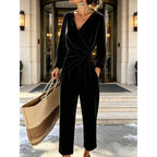 Women's Velvet Jumpsuit with Wrap Top & Tailored Draping