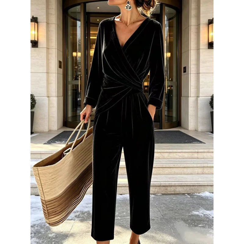Women's Velvet Jumpsuit with Wrap Top & Tailored Draping