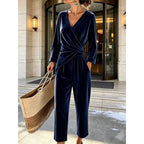 Women's Velvet Jumpsuit with Wrap Top & Tailored Draping - Front Close Up