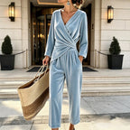 Light Blue Women's Velvet Jumpsuit with Wrap Top & Tailored Draping - Front Full Daylight