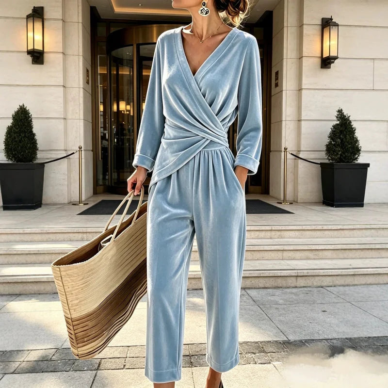 Light Blue Women's Velvet Jumpsuit with Wrap Top & Tailored Draping - Front Full Daylight