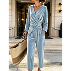 Women's Velvet Jumpsuit with Wrap Top & Tailored Draping - Torso Close Up