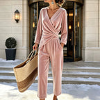 Pink Women's Velvet Jumpsuit with Wrap Top & Tailored Draping - Front Full Snow
