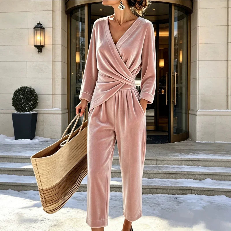 Pink Women's Velvet Jumpsuit with Wrap Top & Tailored Draping - Front Full Snow