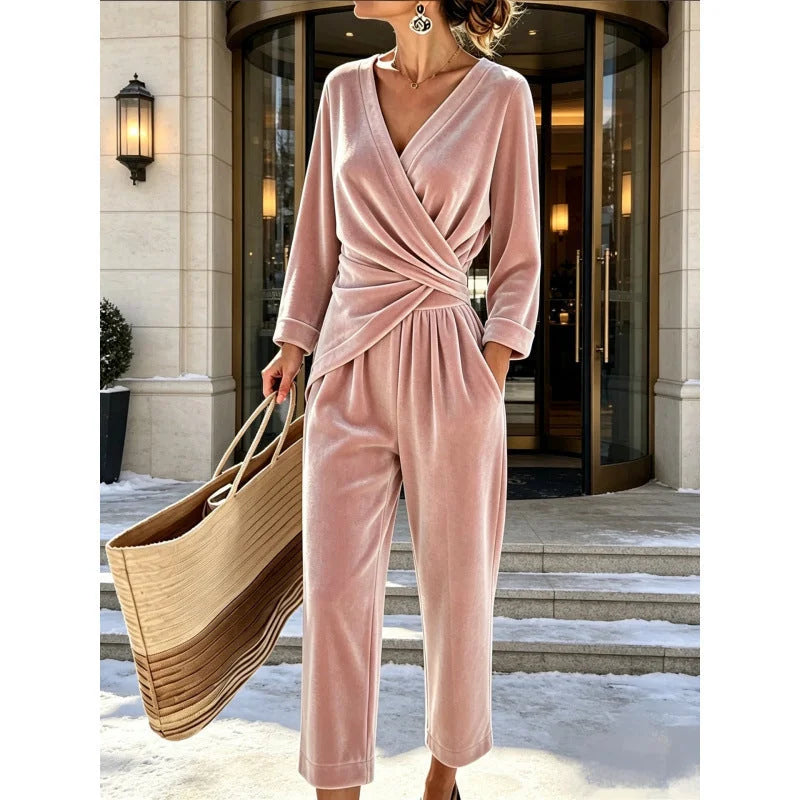 Women's Velvet Jumpsuit with Wrap Top & Tailored Draping